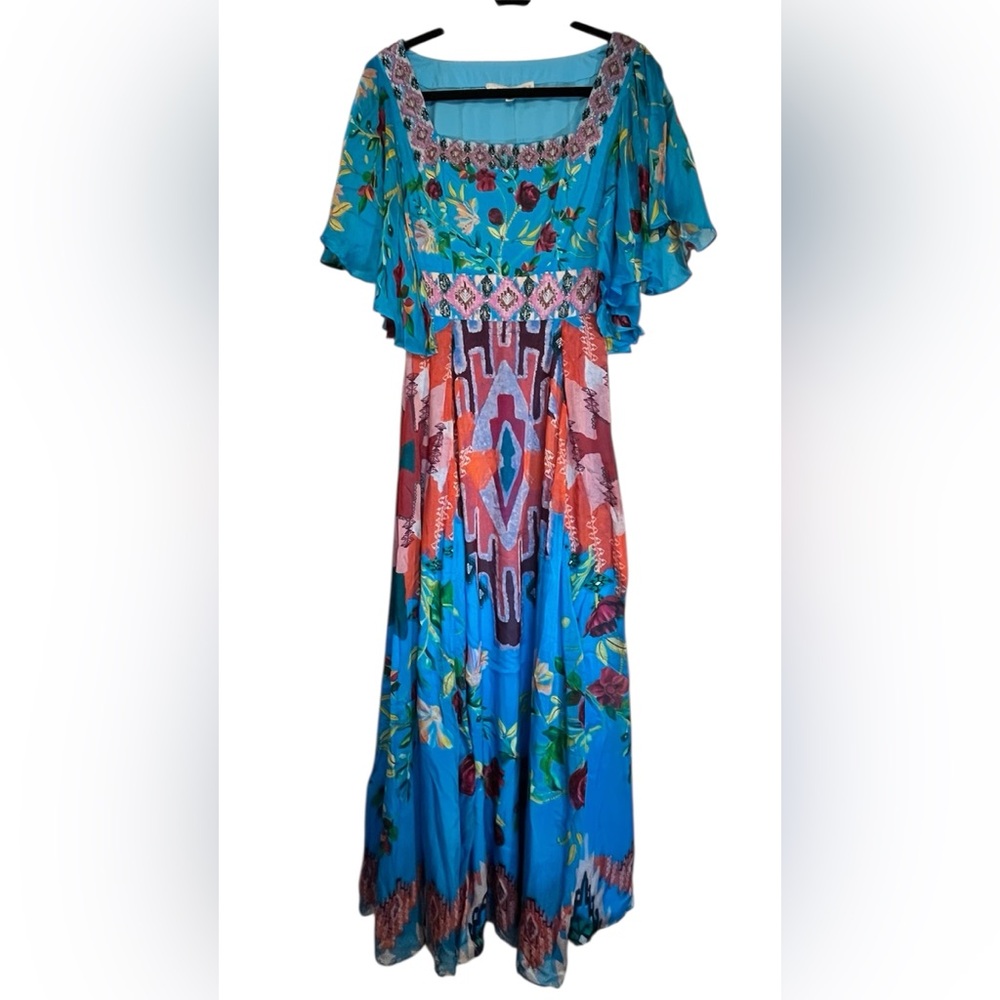 La Fuori Embellished Floral Boho Maxi Dress XS Blue Beaded Sleeve Silk